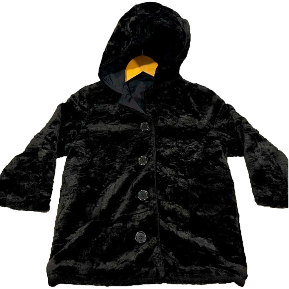 Black reversible toddler coat. Waterproof raincoat & faux fur. Hood. EUC. 3/4T